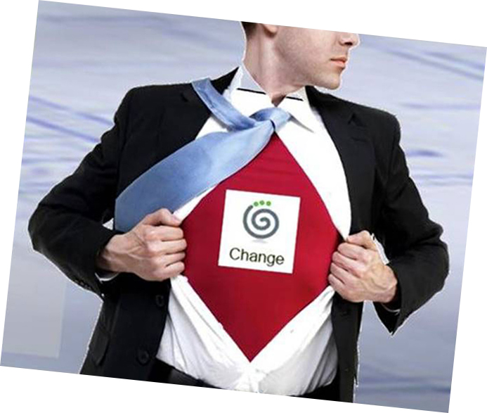 Man in a business suit opening his shirt like a superhero to reveal a logo that reads Change