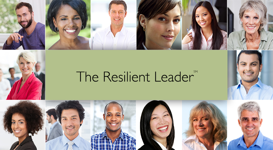 Pictures of many different people smiling surround the caption “The Resilient Leader